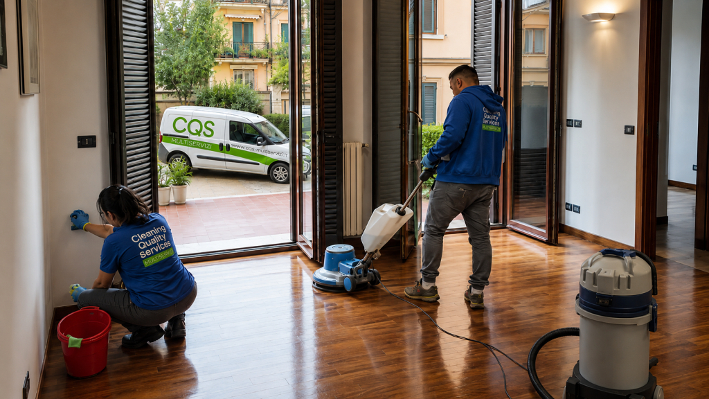 Pulizie professionali in appartamento a Roma con operatori CQS al lavoro su pavimento in parquet