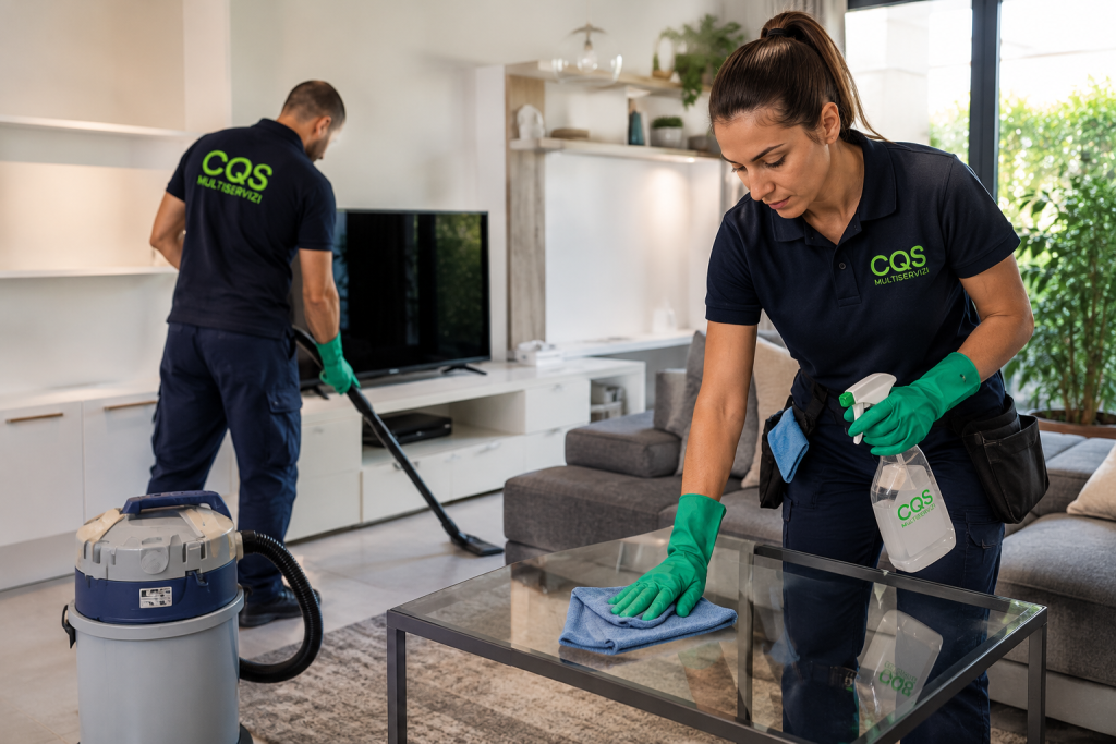 Pulizie residenziali professionali a Roma in appartamento con operatori CQS durante la pulizia di superfici e pavimenti